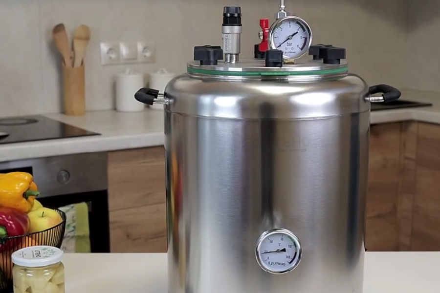 Thermometer mounted in autoclave lid — sterilization mode control